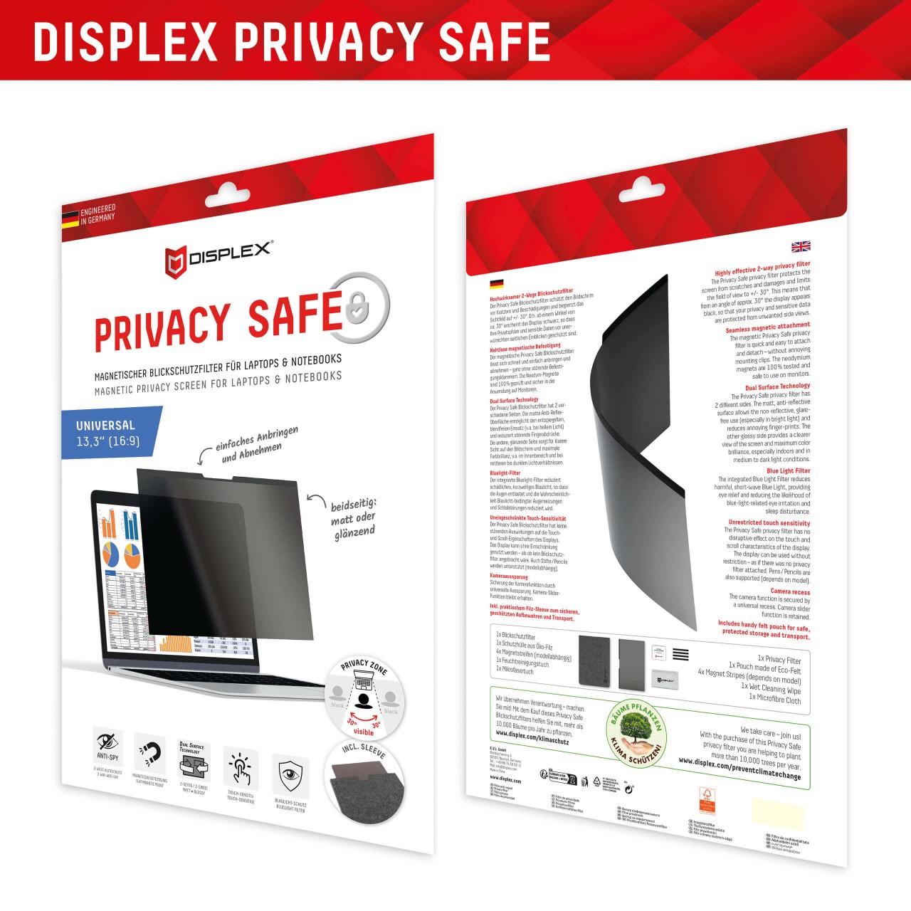 PRIVACY SAFE Magnetischer 2-Wege Blickschutzfilter für Laptop/ Notebook 13,3'' (16:9)