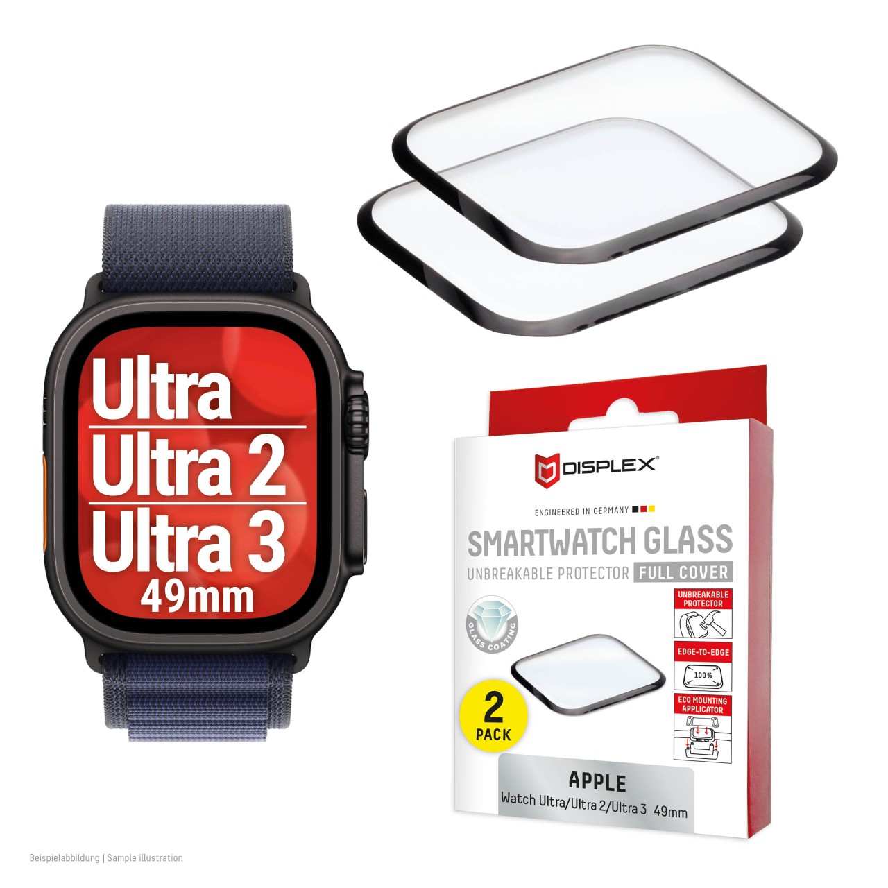 Apple Watch Ultra 3/Ultra 2/Ultra (49mm) Full Cover tempered glass, 2-Pack