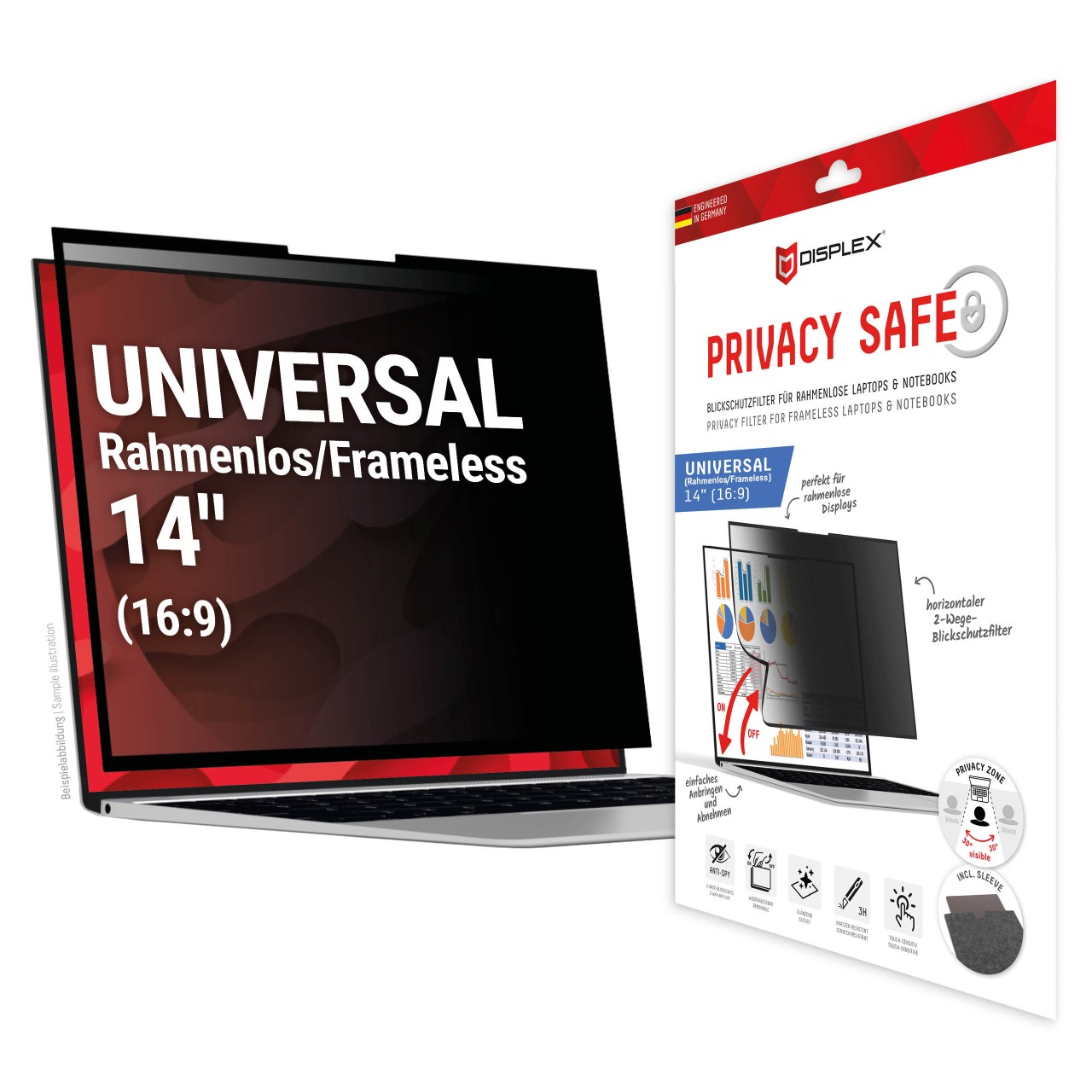 PRIVACY SAFE randlos/frameless 2-Wege Blickschutzfilter für Laptop/Notebooks 14" 16:9