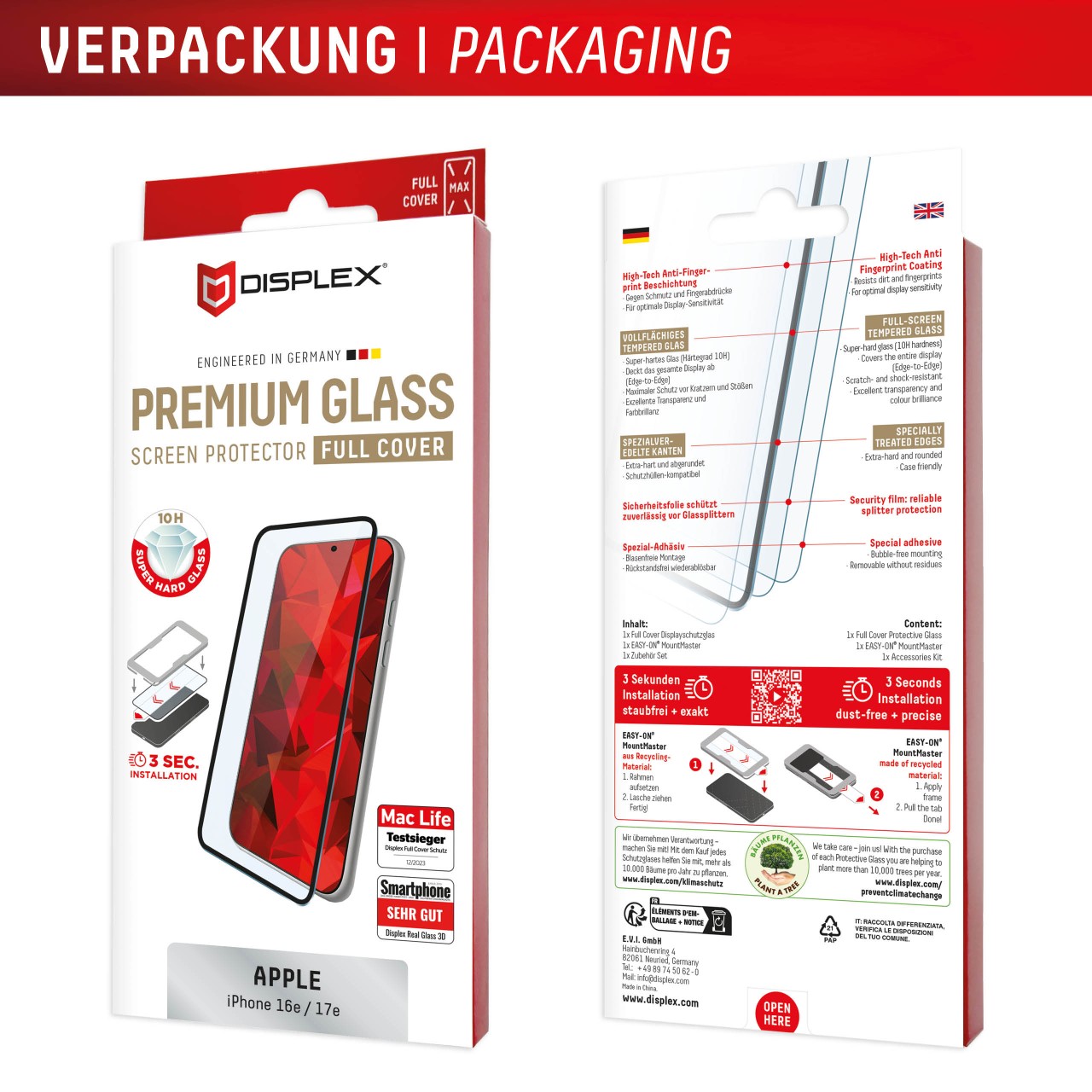 iPhone 16e/17e Premium Panzerglas mit Mount Master