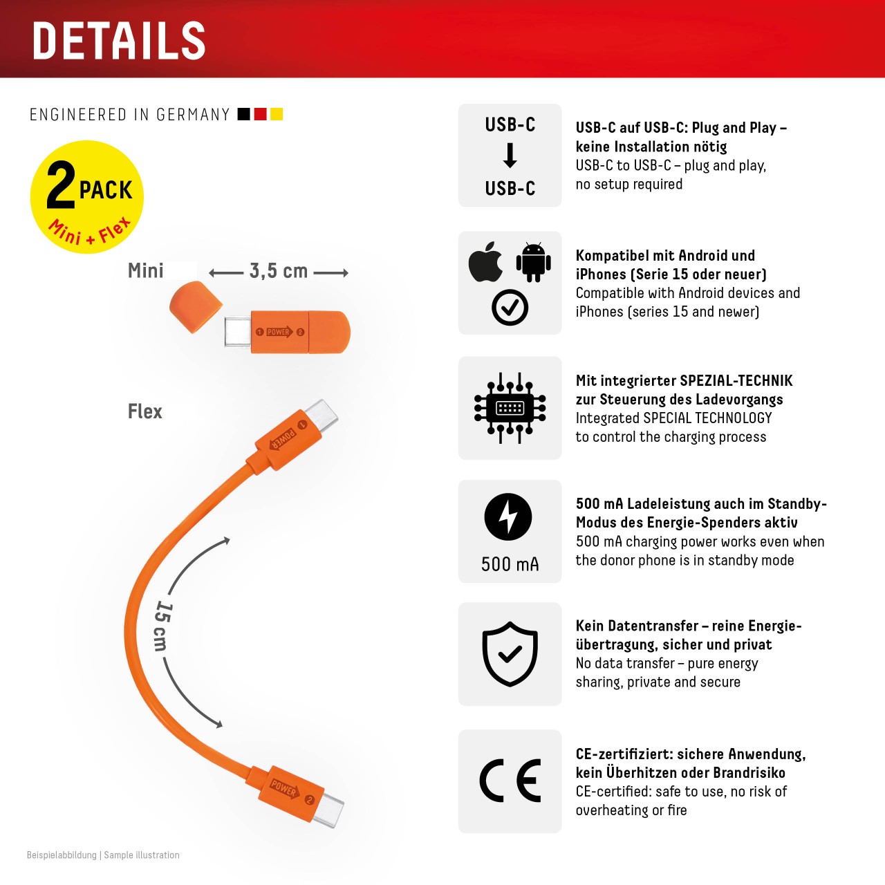DISPLEX Phone-to-Phone Notfall-Lader, USB-C auf USB-C, kompaktes 2er Set