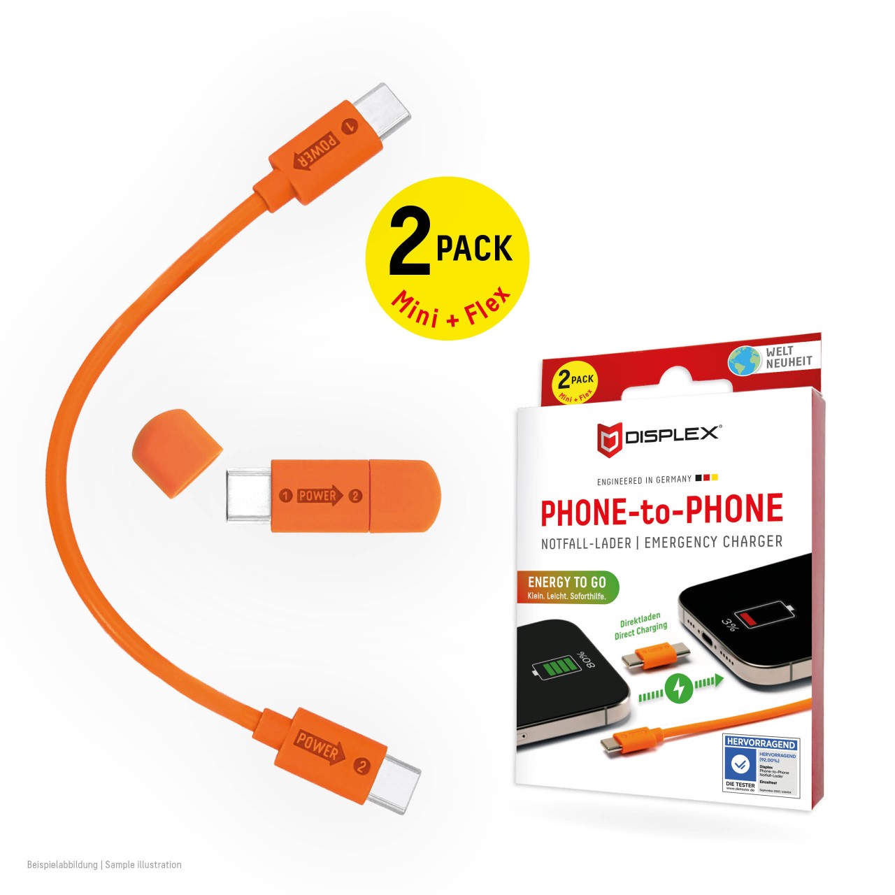 DISPLEX Phone-to-Phone Emergency Charger, USB-C to USB-C, compact set of 2