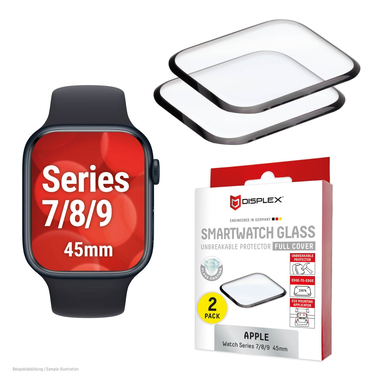 Apple Watch 9/8/7 (45mm) Full Cover tempered glass, 2-Pack