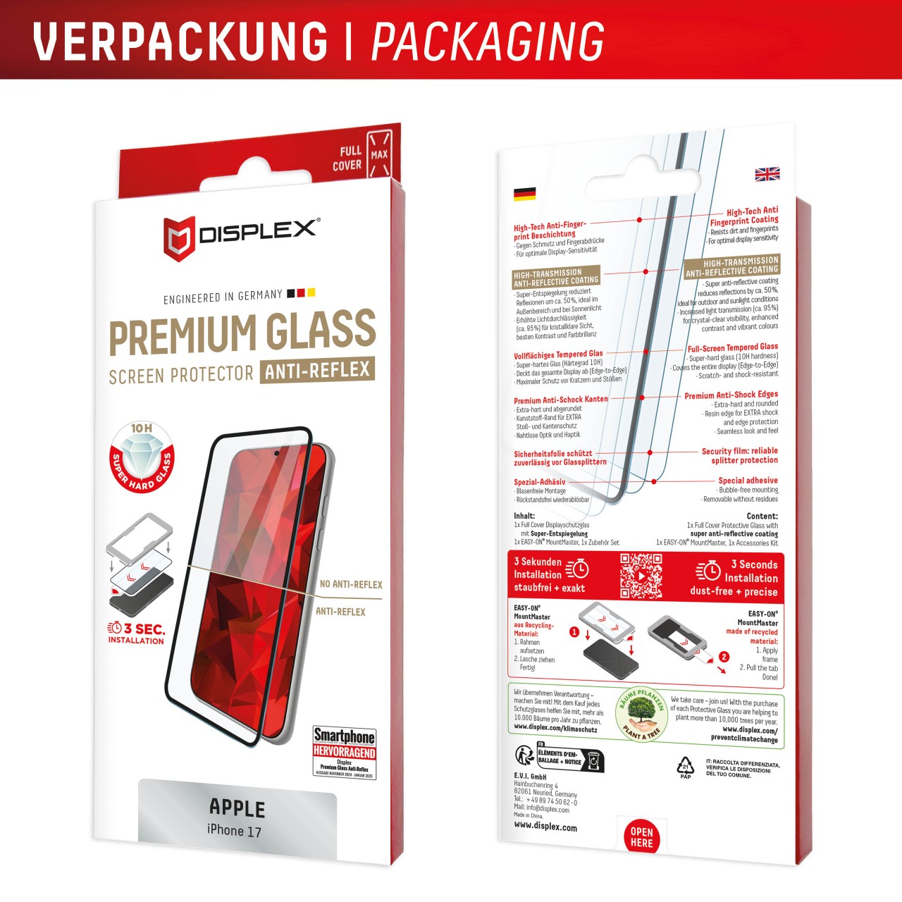 iPhone 17 Premium Anti-Reflex Panzerglas (super-entspiegelt) mit Mount Master