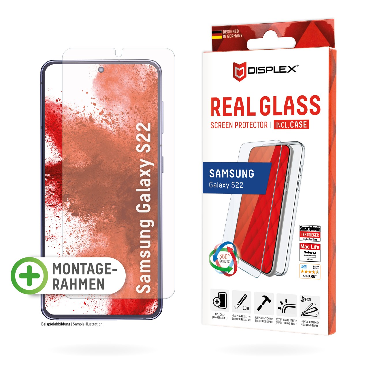 Samsung Galaxy S22 2D Schutzglas + Case