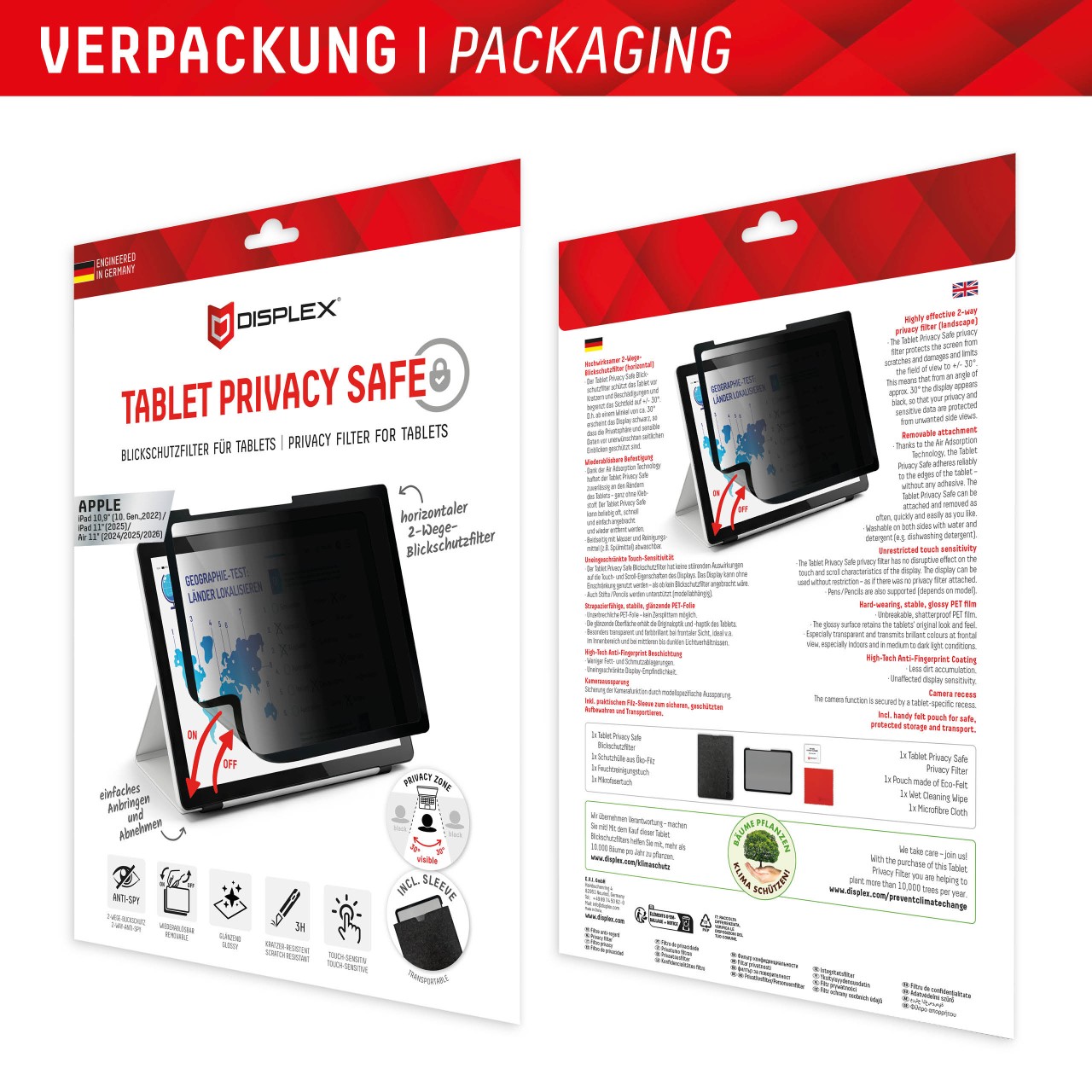iPad 10,9"(10. Gen) / iPad 11" (2025) / iPad Air 11"(2024/2025) TABLET PRIVACY SAFE Blickschutzfilte