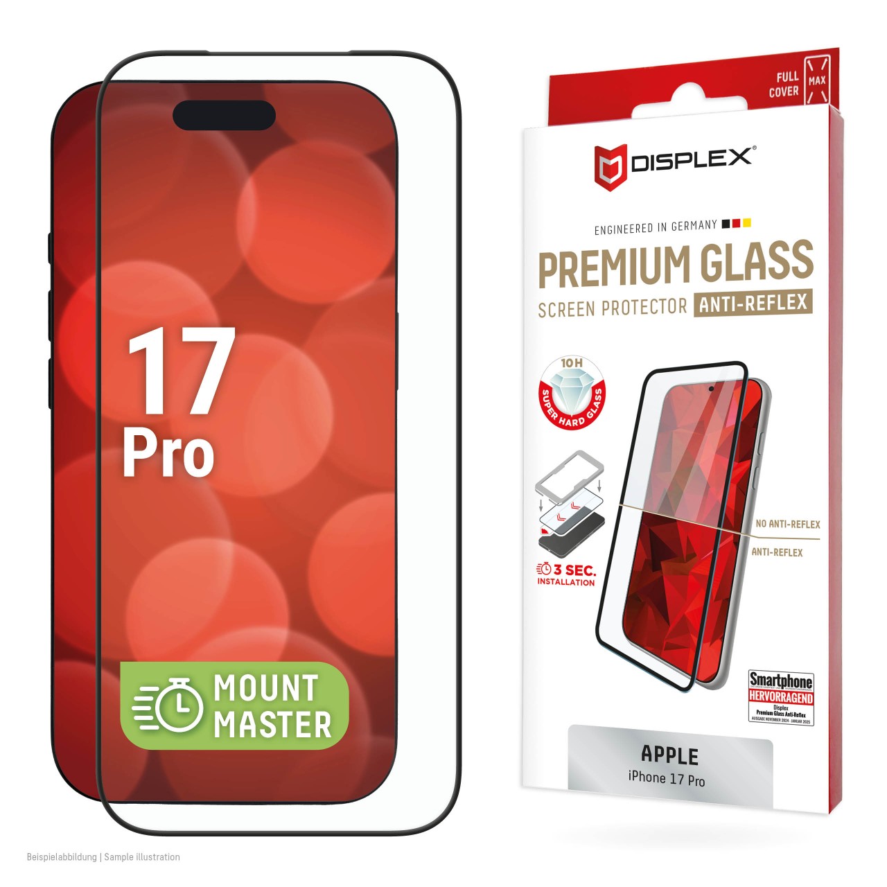 iPhone 17 Pro Premium Anti-Reflex Panzerglas (super-entspiegelt) mit Mount Master