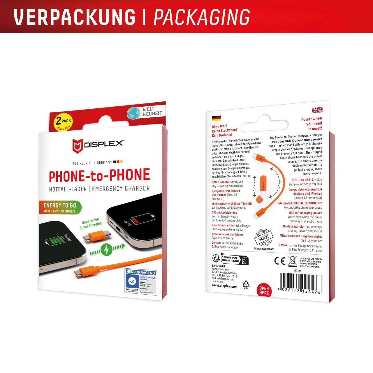 DISPLEX Phone-to-Phone Notfall-Lader, USB-C auf USB-C, kompaktes 2er Set