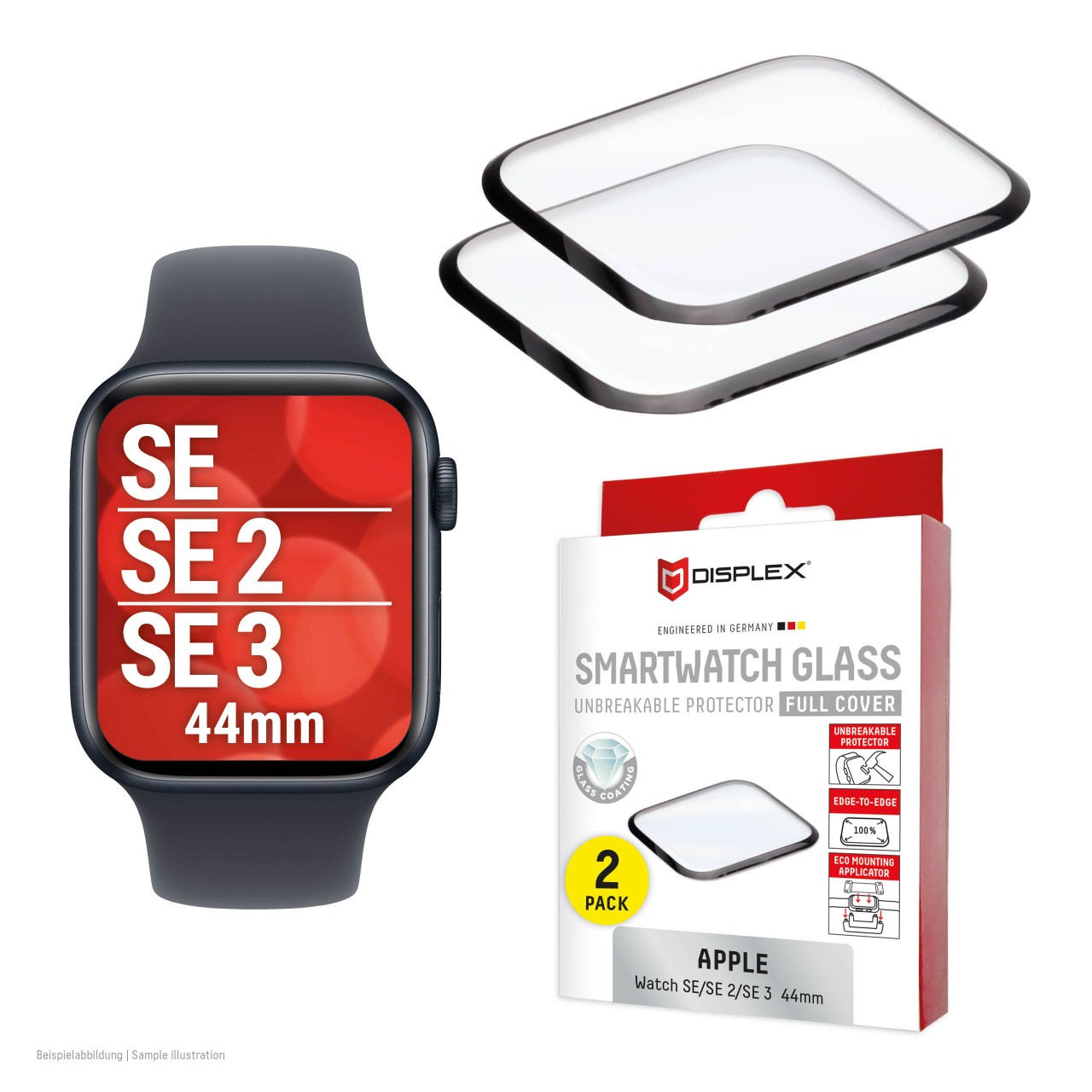 Apple Watch SE3/SE2/SE (44mm) Full Cover tempered glass, 2-Pack