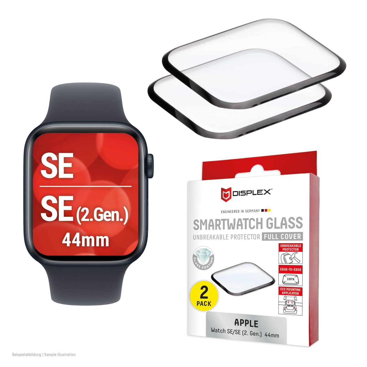 Apple Watch SE/SE2 (44mm) Full Cover tempered glass, 2-Pack