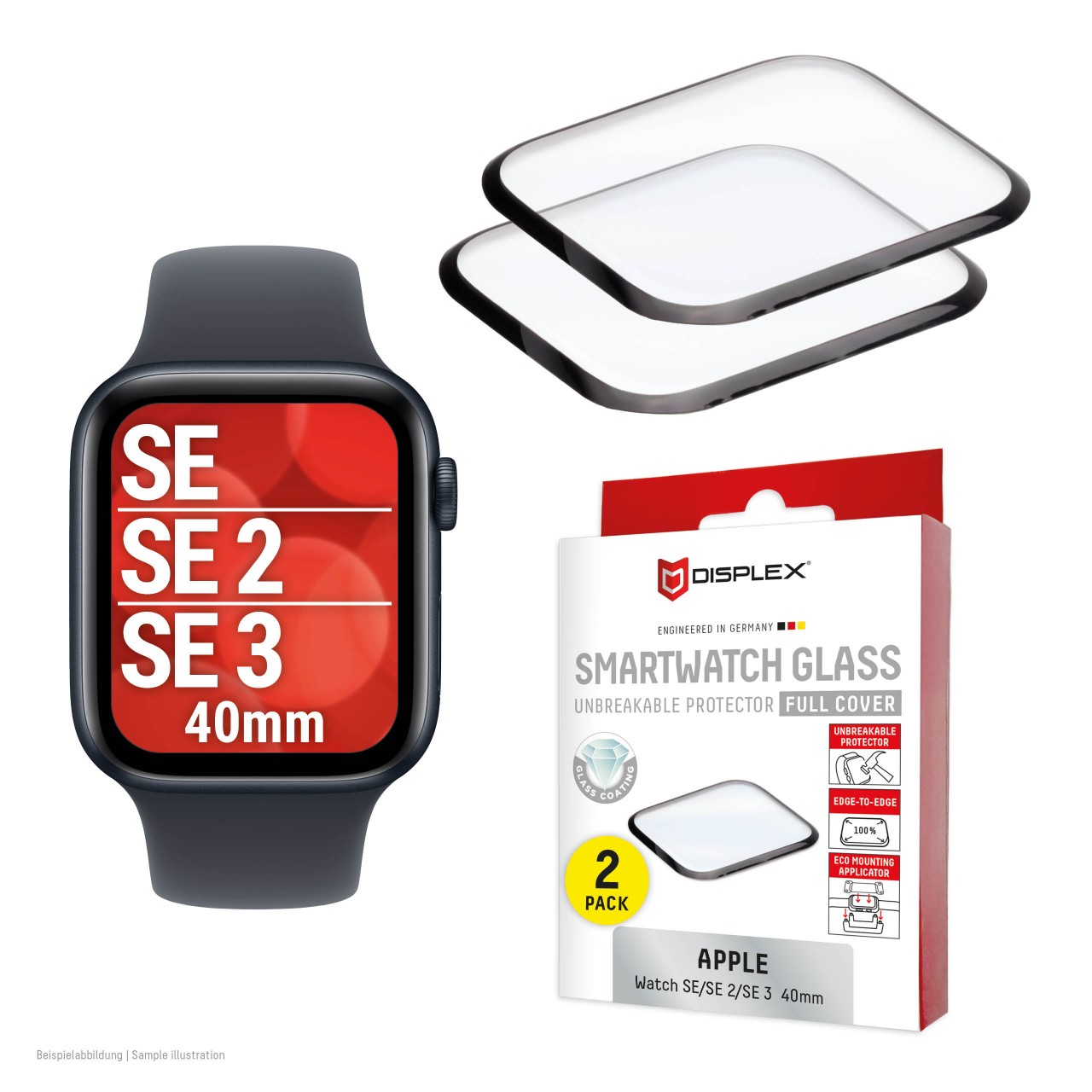 Apple Watch SE3/SE2/SE (40mm) Full Cover tempered glass, 2-Pack