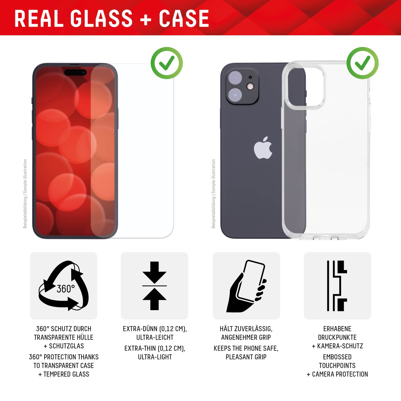 iPhone 15 Pro 2D Schutzglas + Case