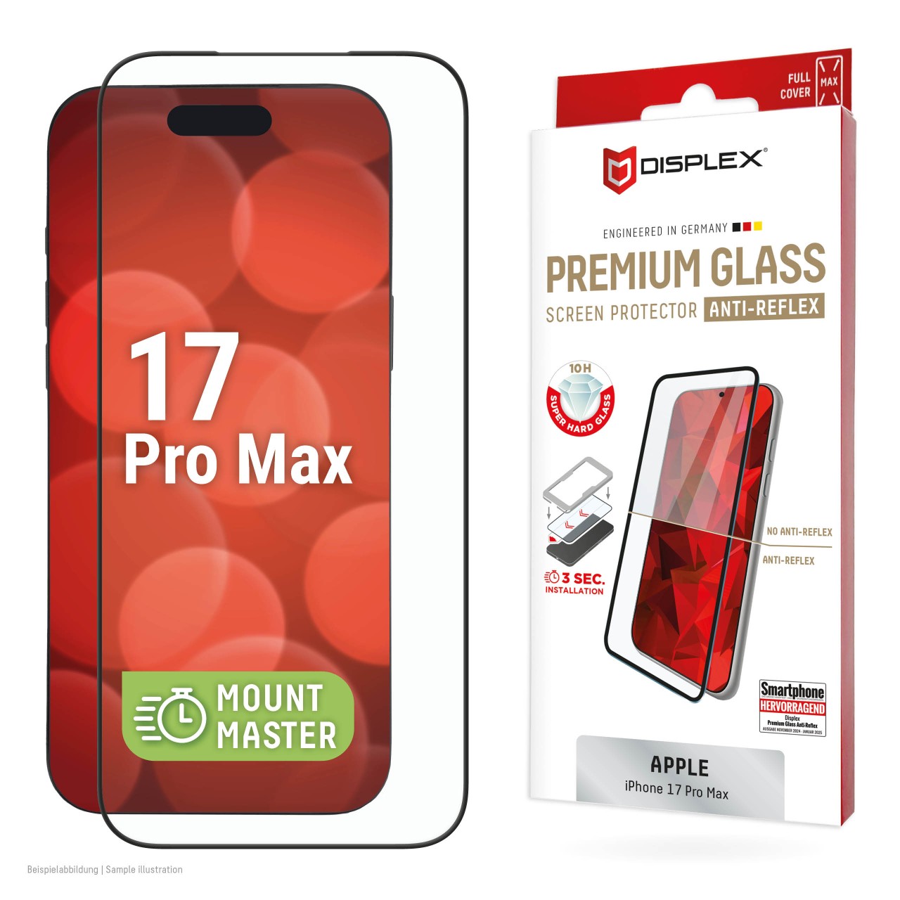 iPhone 17 Pro Max Premium Anti-Reflex Panzerglas (super-entspiegelt) mit Mount Master