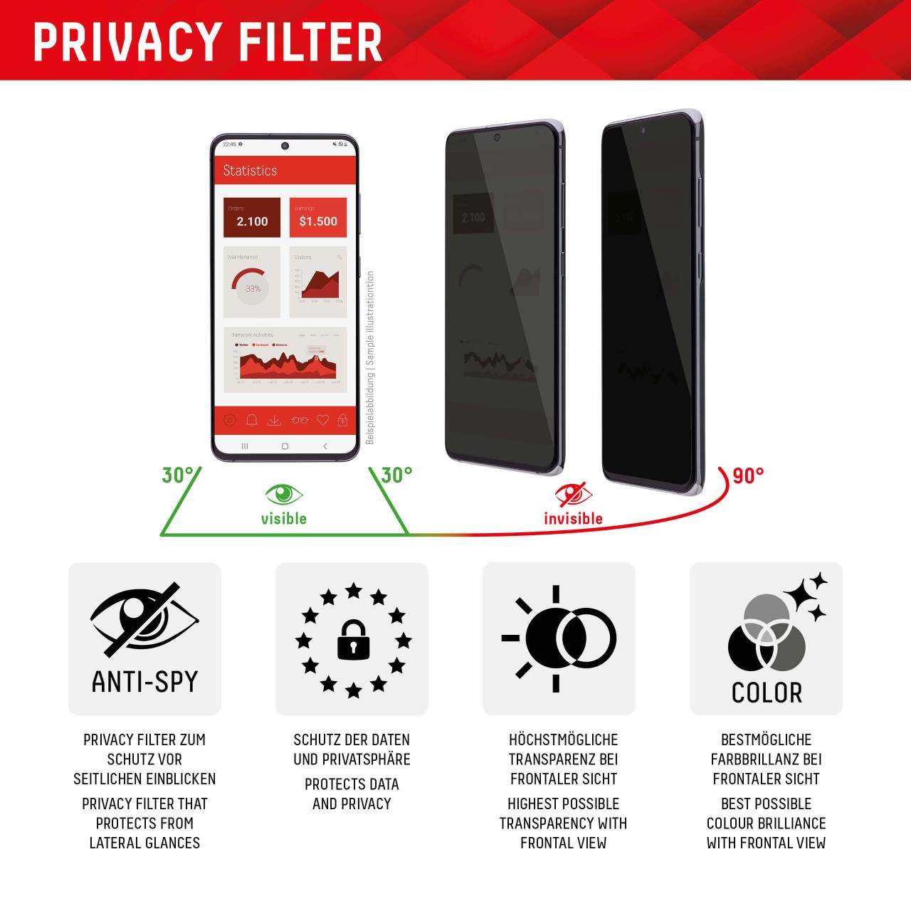 Samsung Galaxy S22+/S23+ Privacy Schutzglas