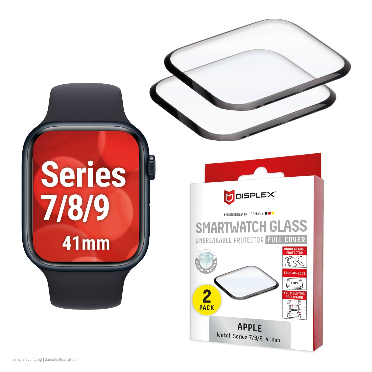 Apple Watch 9/8/7 (41mm) Full Cover tempered glass, 2-Pack